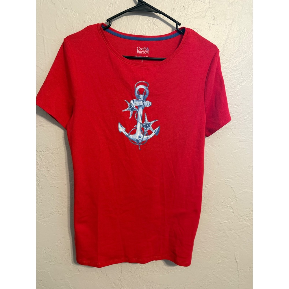 Croft & Barrow Womens Red Anchor Graphic T-Shirt Nautical Starfish Tee Small